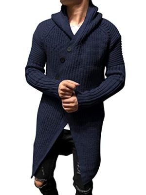 Mens Long Hooded Cardigan Button Up Knit Sweater Long Sleeve Cardigan Sweaters with Pockets
