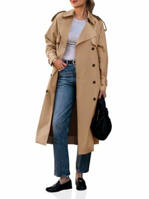 Womens Long Trench Coat Double Breasted Classic Lapel Fall Overcoat with Belt
