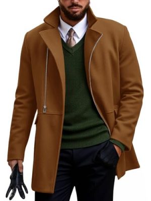 Mens Trench Coat Notch Lapel Zip Up Overcoat Casual Winter Long Business Pea Coat