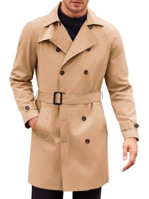Mens Trench Coat Double Breasted Mid Long Jacket Casual Belted Overcoat Notched Lapel Windbreaker