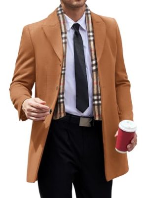 Men's Pea Coat with Detachable Plaid Scarfs Fall Single Breasted Wool Blend Trench Coat Winter Overcoat