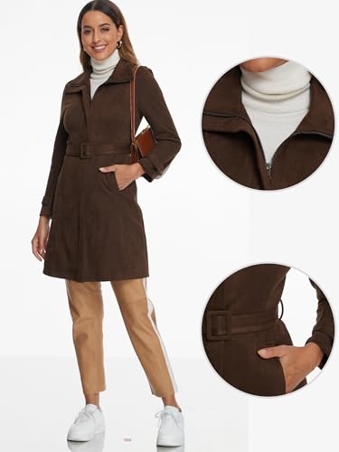 Faux Suede Coat for Women's Belted Long Zipper Jacket